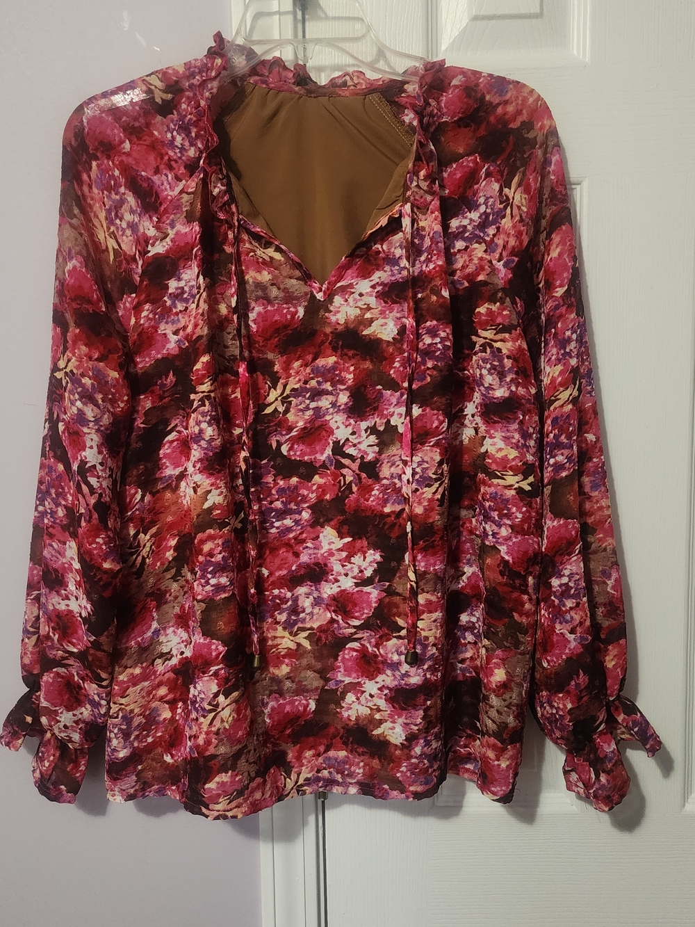 Floral Tie-Neck Long Sleeve Blouse - Pink Multi